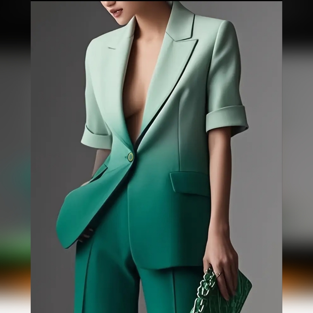 Elegant Gradient Color Block Blazer and Pants bet-Short Sleeve, Button-Up - Picture 2 of 4